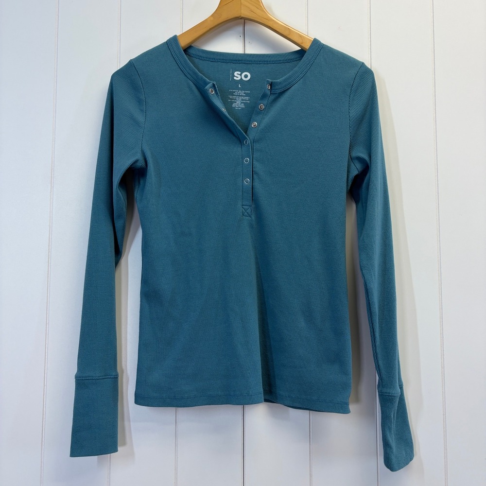 SO Y2K Grunge Ribbed Snap Henley Top Women Large Closet Staple Indie Minimalist